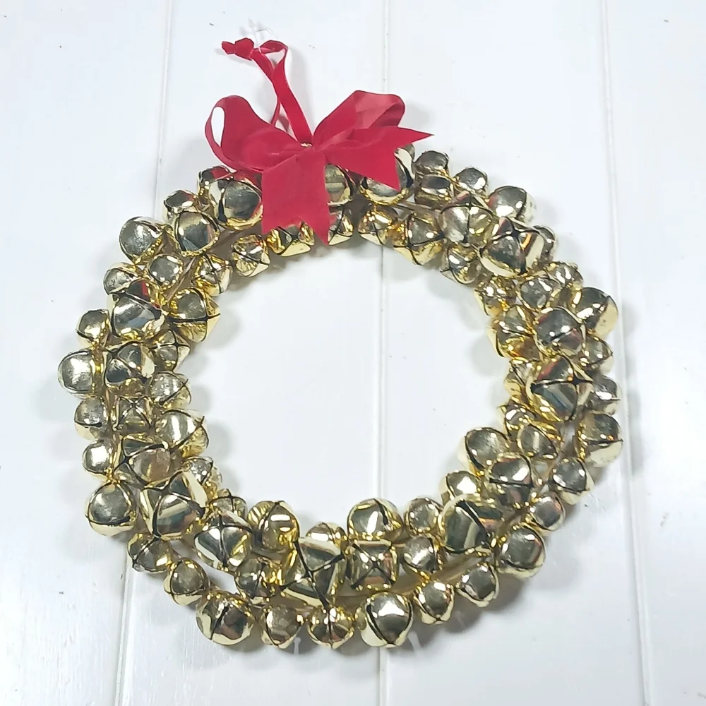 Holiday Christmas Large Jingle Bell Wreath 12”Gold Metal  Hanging Indoor Outdoor
